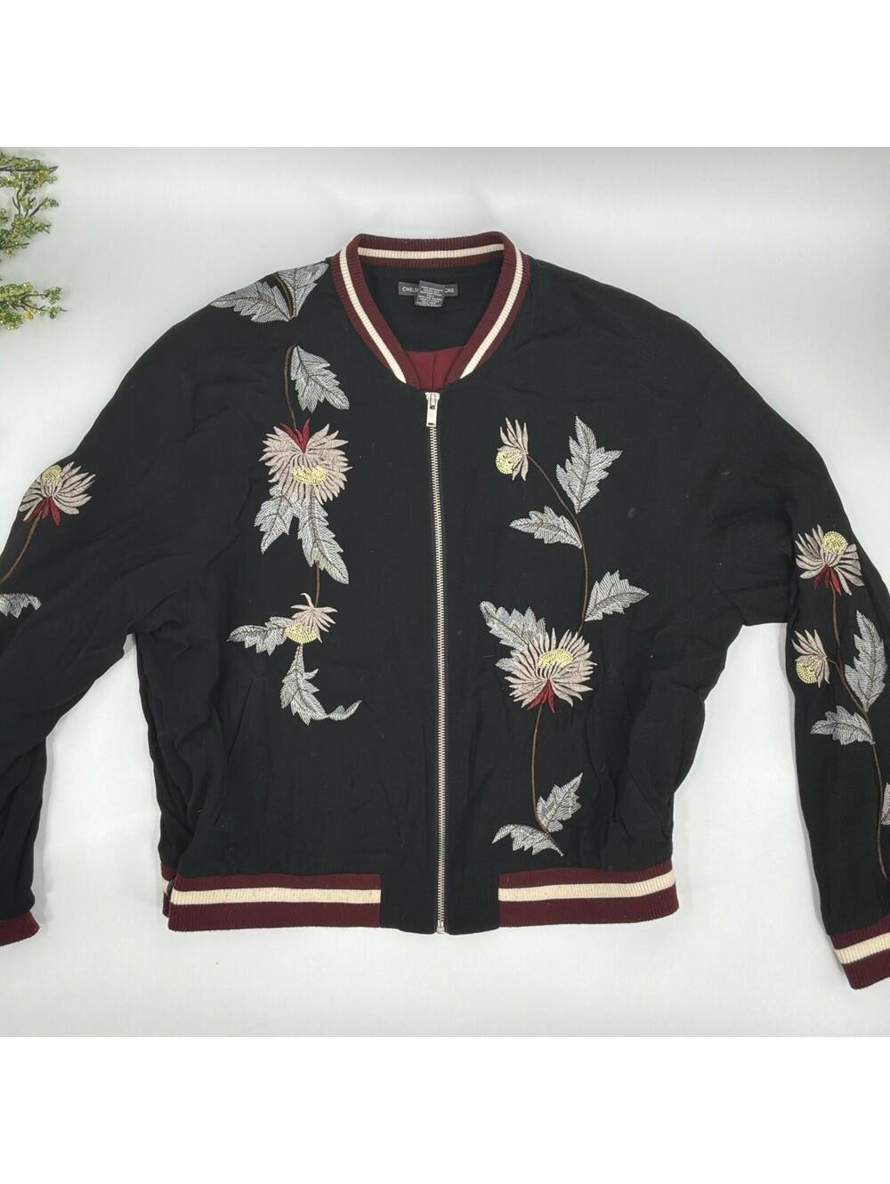 Black Floral Embroidery Bomber Jacket Chelsea & Theodore Size Xl